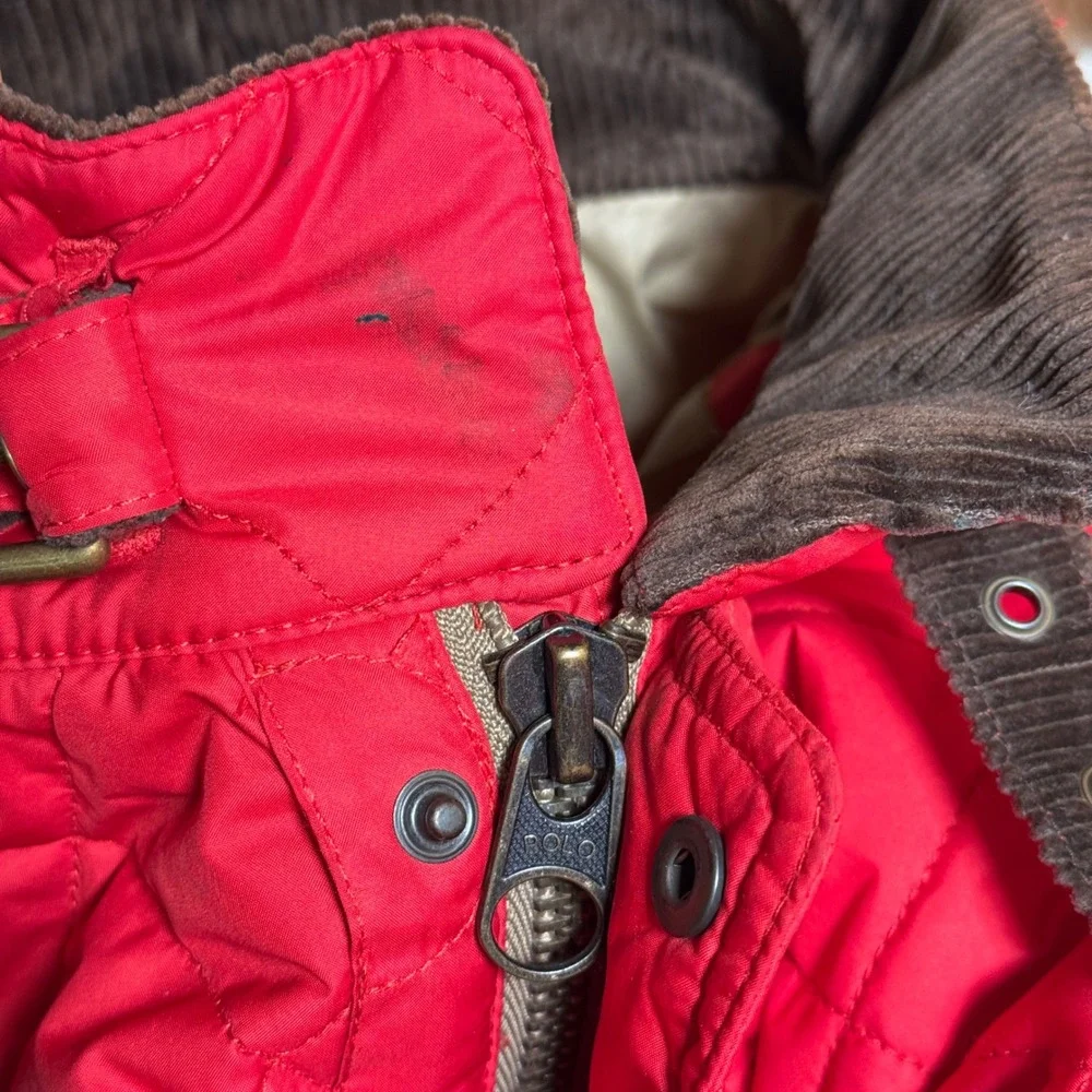 VTG Polo Ralph Lauren Red Quilted Puffer Vest Calf Suede Collar‎ Mens Jacket 2XL